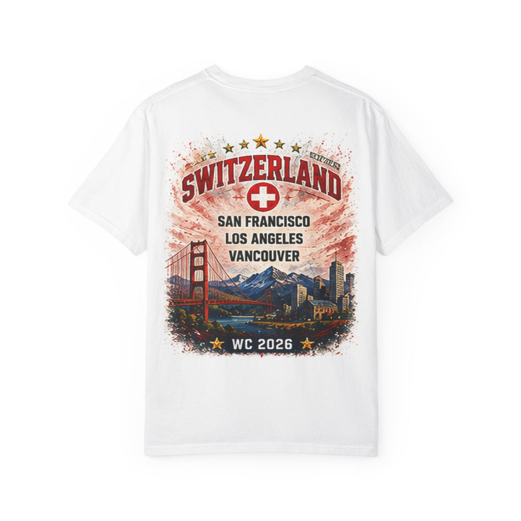 Switzerland World Cup 2026 Soccer T-Shirt — WC 2026 Swiss Flag & Stadium Cities Tee