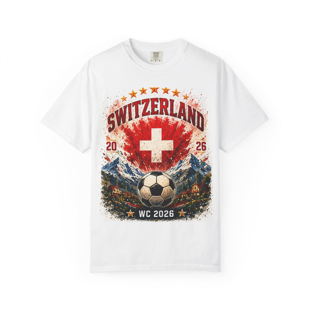Switzerland World Cup 2026 Soccer T-Shirt — WC 2026 Swiss Flag & Stadium Cities Tee