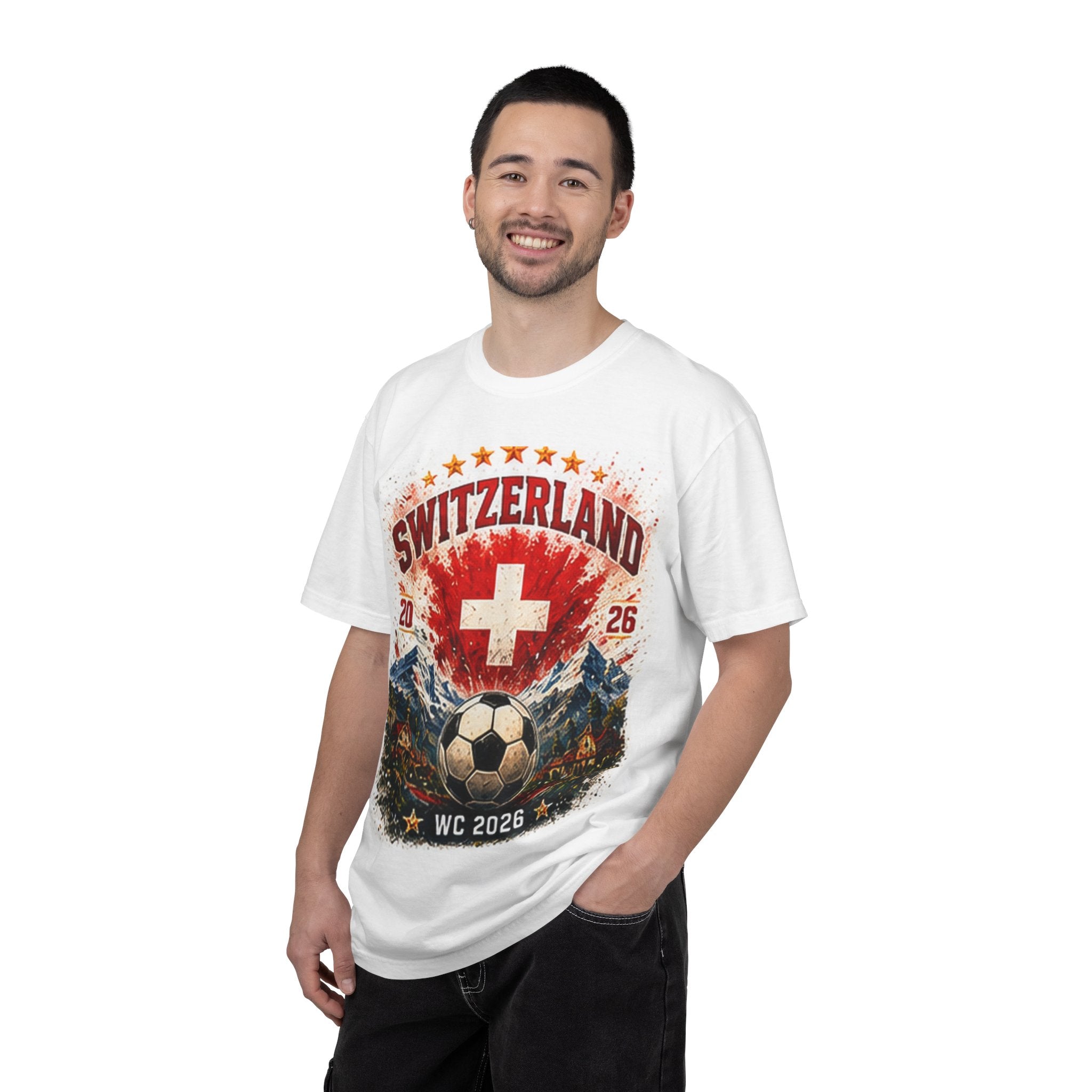 Switzerland World Cup 2026 Soccer T-Shirt — WC 2026 Swiss Flag & Stadium Cities Tee