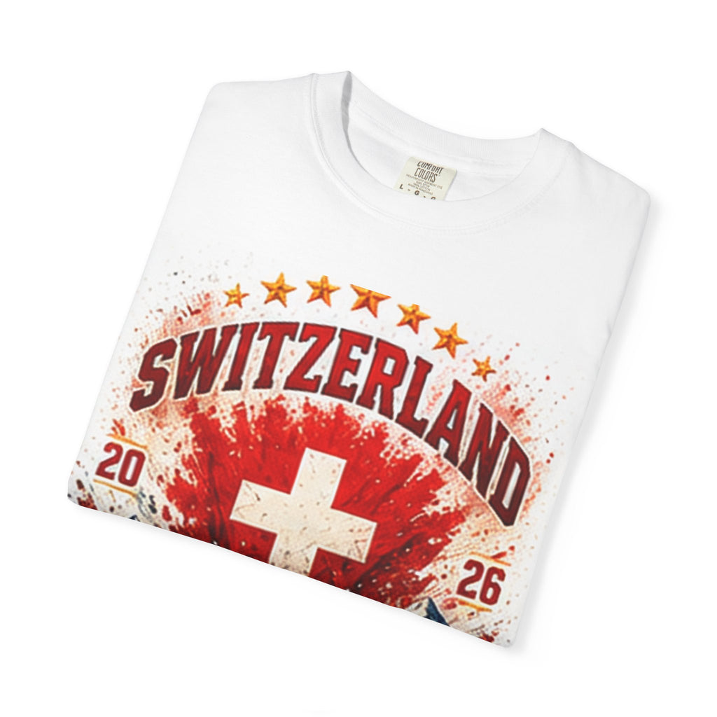 Switzerland World Cup 2026 Soccer T-Shirt — WC 2026 Swiss Flag & Stadium Cities Tee